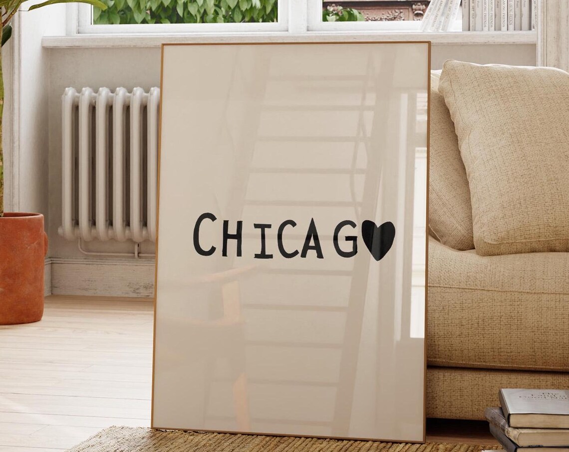 Cute Chicago Illinois Heart Minimalist Black Typography Poster