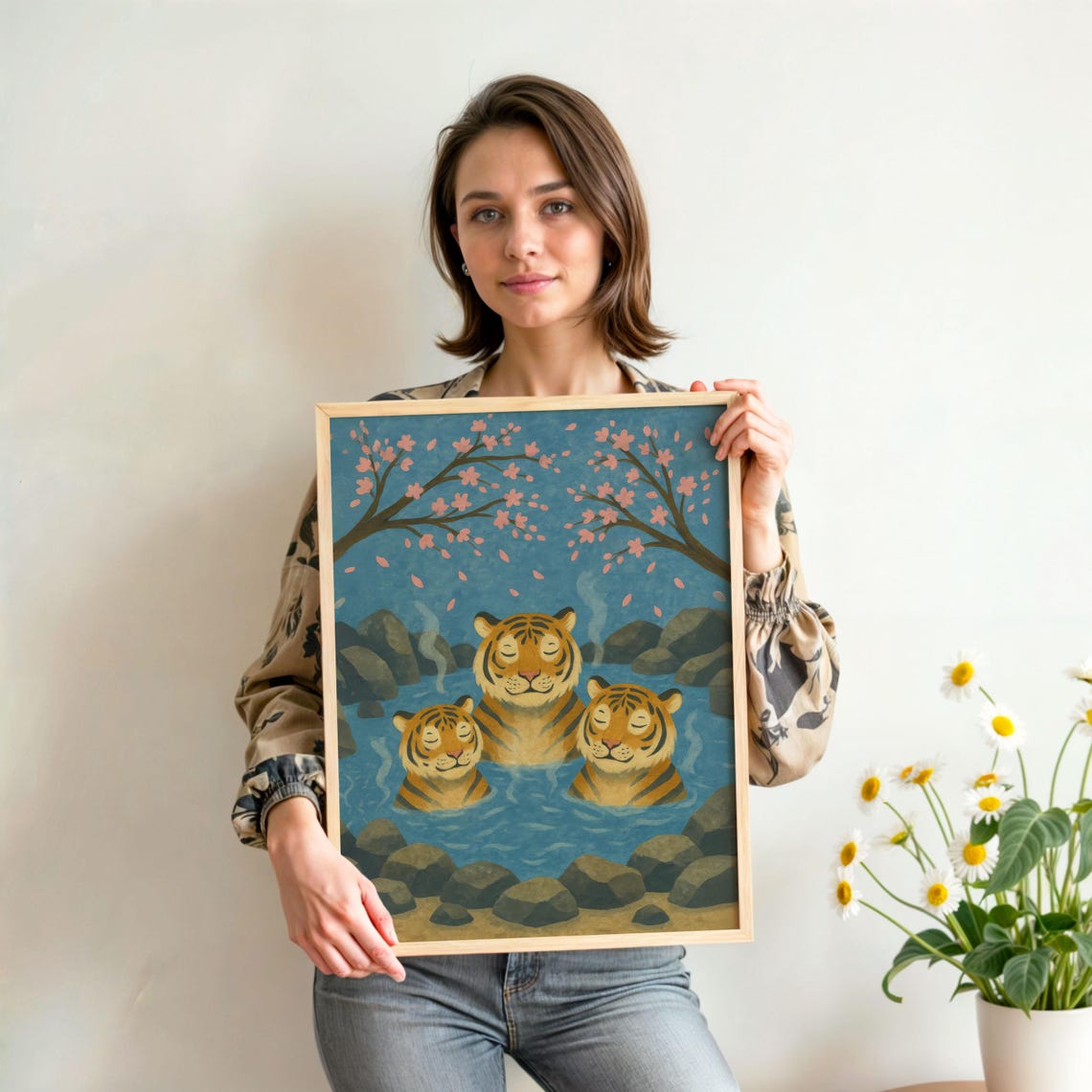 Tigers in a Hot Spring Cherry Blossom Onsen Whimsical Poster