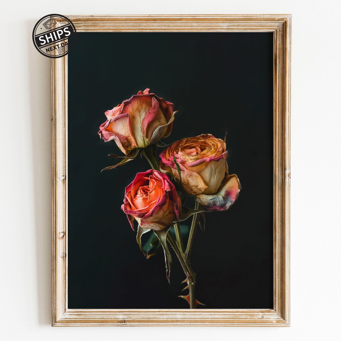 Vintage Moody Coral Rose Botanical Art Print