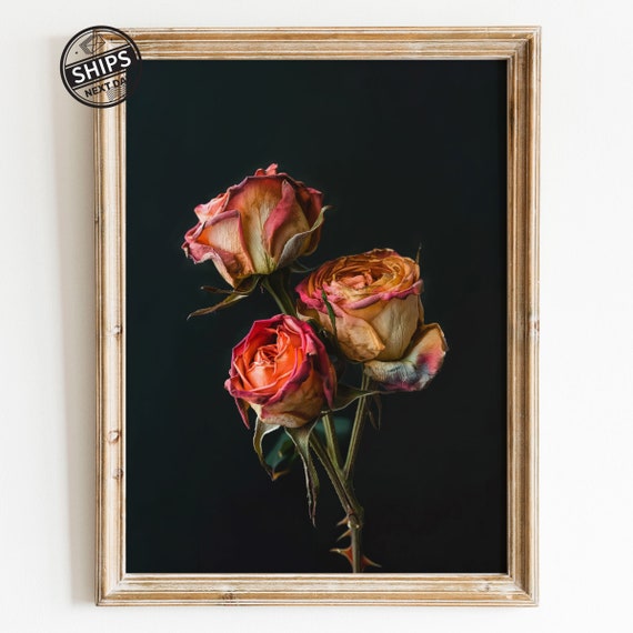 Vintage Moody Coral Rose Botanical Art Print