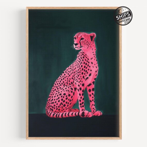 Pink Cheetah Emerald Green Modern Art Print Animal Contemporary For Maximalist Style Home Dark Wall