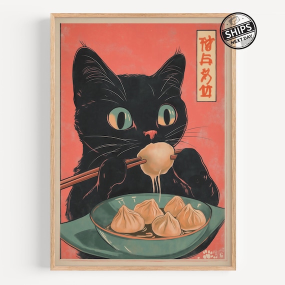 Black Cat Eating Dumplings Japanese Retro Kitchen Art Poster