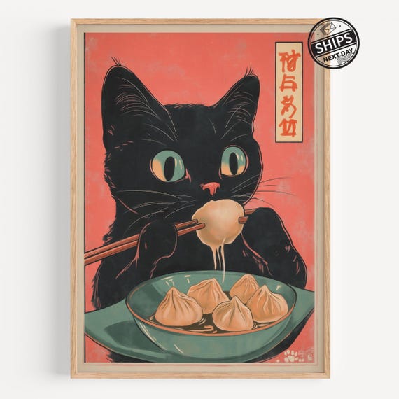 Vintage Cat Art Print Retro Japanese Poster Unique Kitchen Decor Quirky Illustration Gift