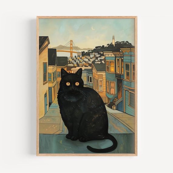 Black Cat Overlooking San Francisco Golden Gate Bridge City Poster