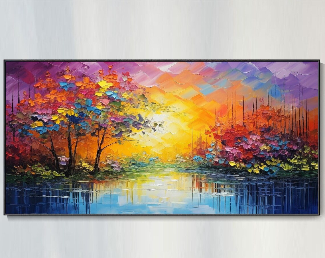 Abstract Autumn Forest Lake Sunrise, Oil Painting Print - Image 2