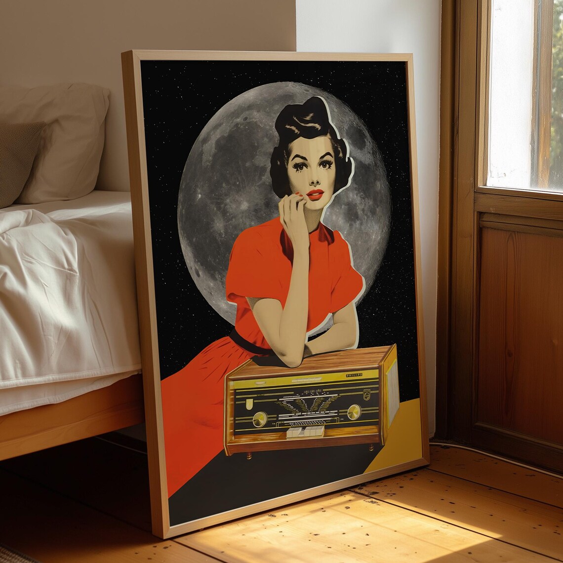 Retro Red Dress Woman Vintage Radio Full Moon Cosmic Pop Poster