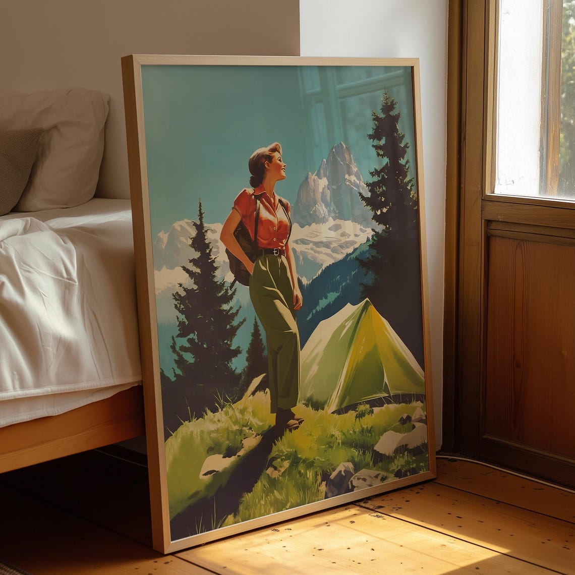 Retro Camping Woman Hiking Mountains Tent Vintage Travel Nature Poster
