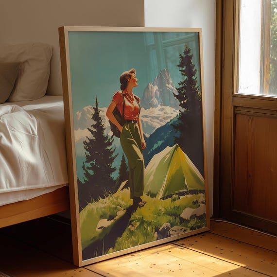 Retro Camping Woman Hiking Mountains Tent Vintage Travel Nature Poster