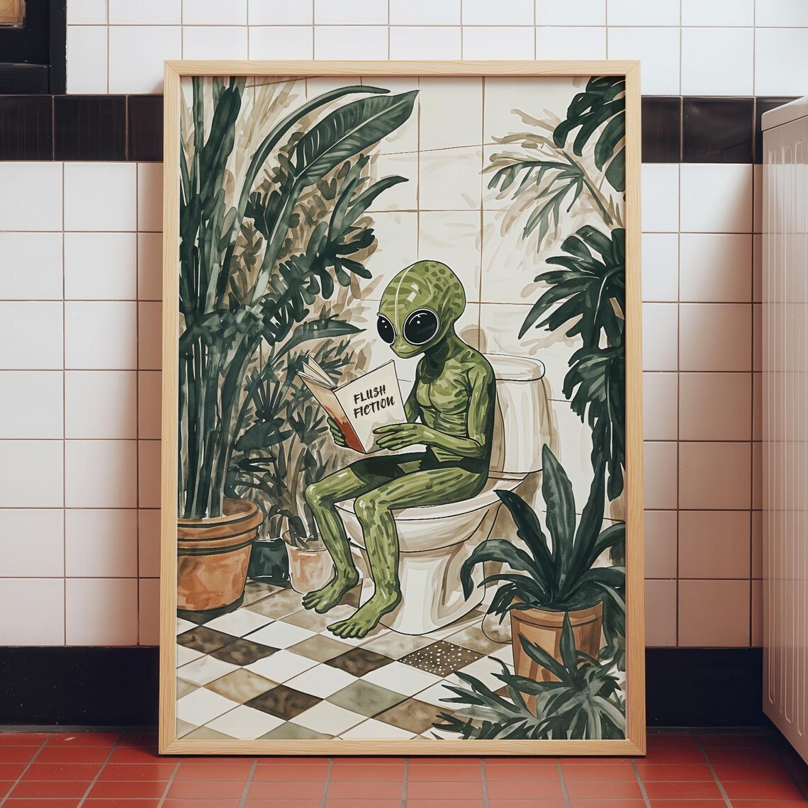 Funny Alien Bathroom Art Print, Reading On Toilet