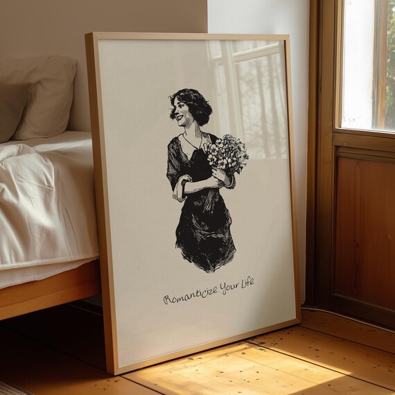 Romanticize Your Life Vintage Woman Flowers Ink Drawing Poster