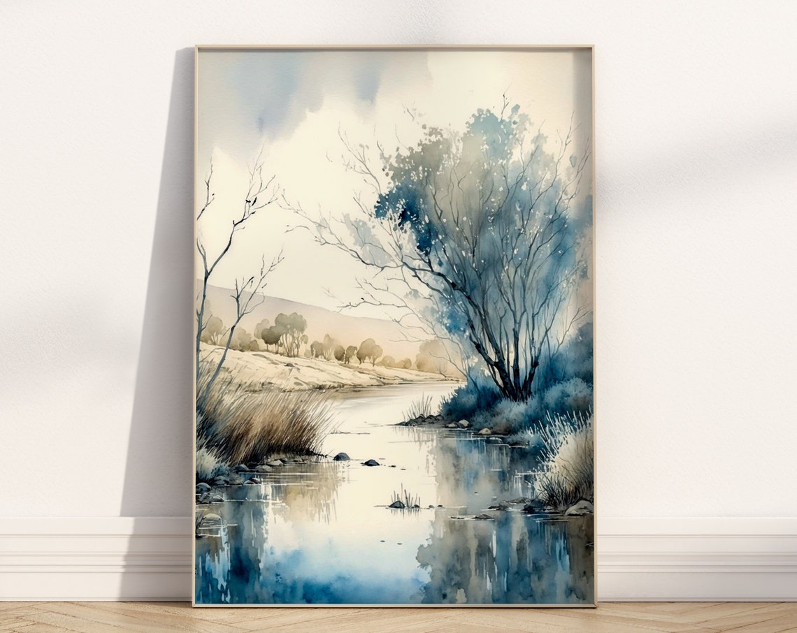 Soft Blue Riverside Watercolor Peaceful Trees And Grasses Poster - Image 5