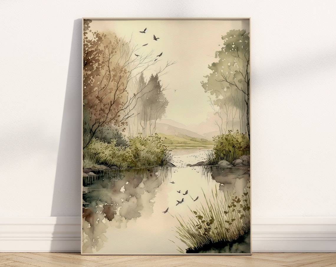 Misty River Watercolor Birds Flying Muted Nature Landscape Poster - Image 4