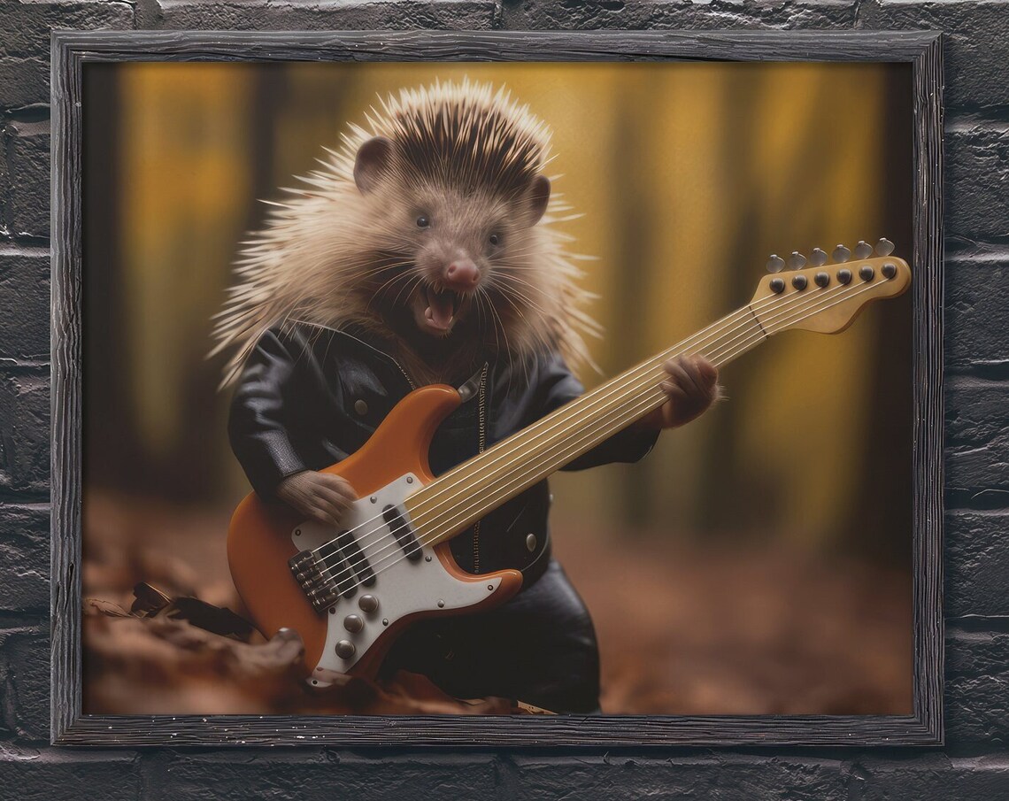 Porcupine Art Print, Funny Guitar Music Studio