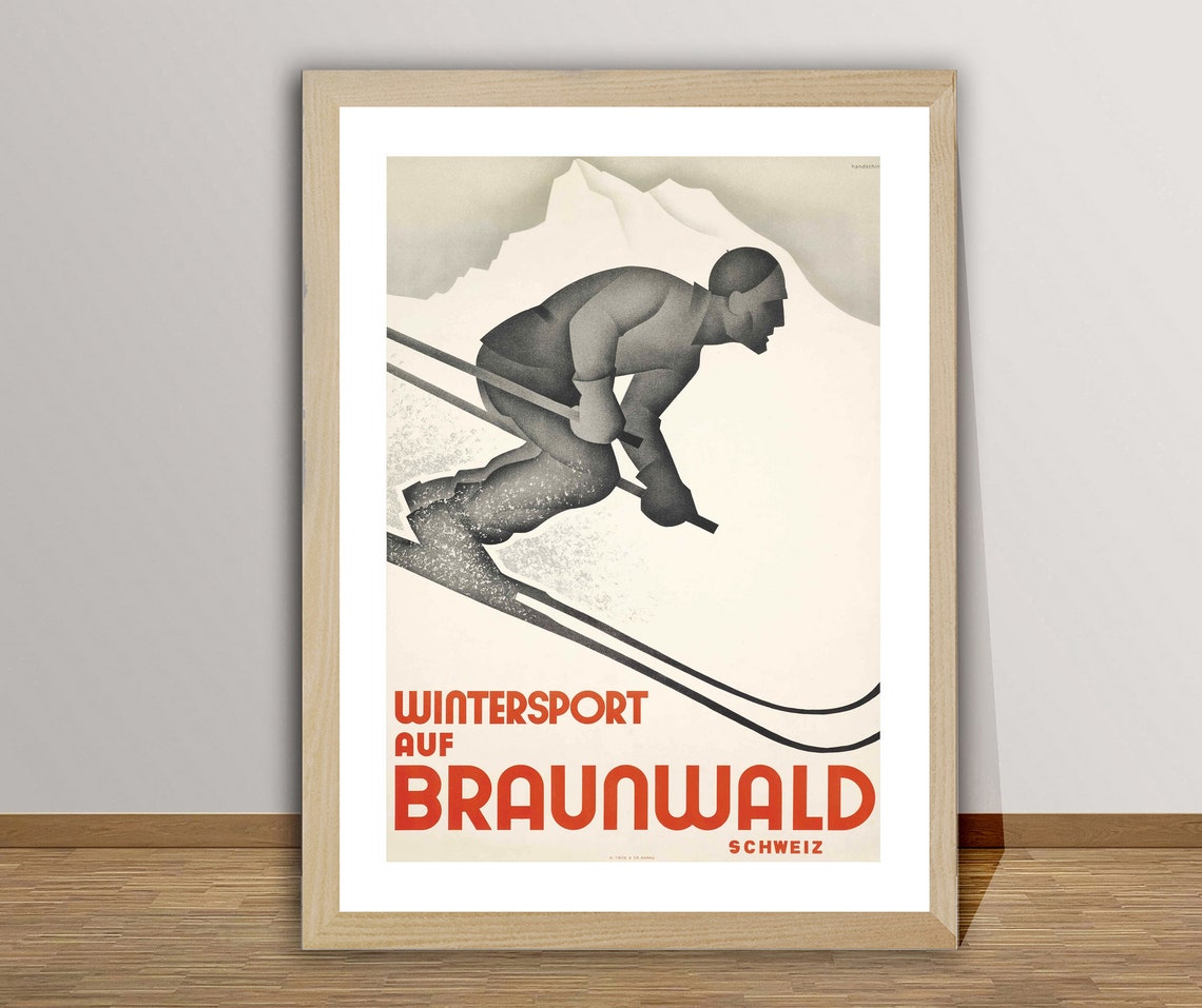 Braunwald Switzerland Wintersport Art Deco Skier Vintage Poster - Image 2