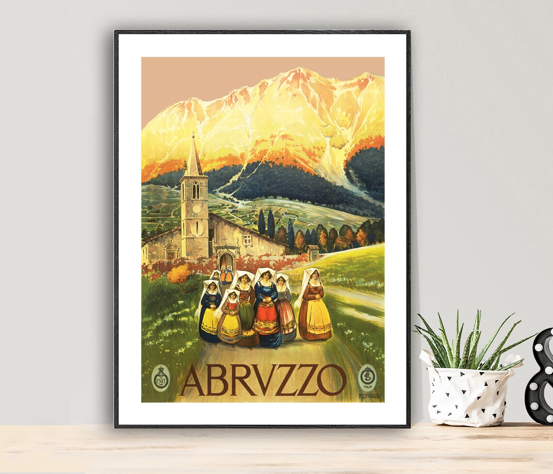 Abruzzo Italy Mountain Village Folk Costume Vintage Travel Poster