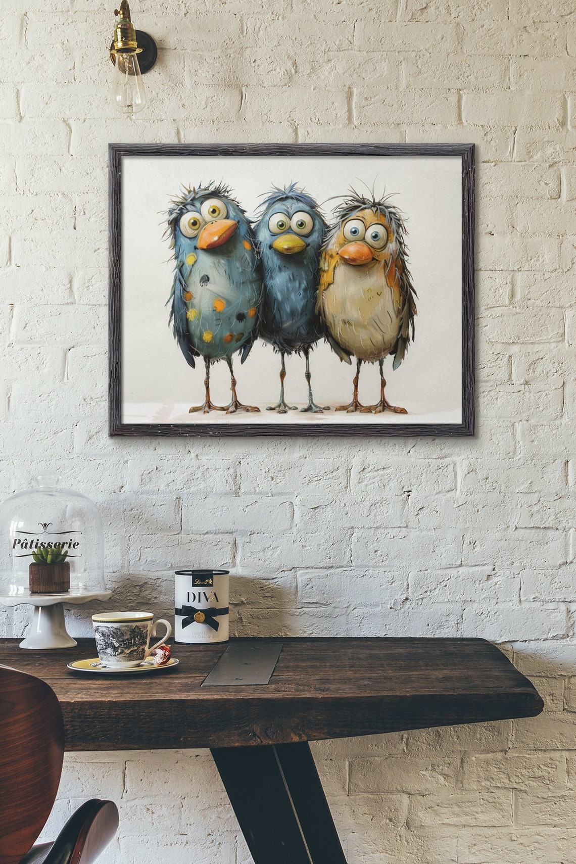 Three Goofy Wide Eyed Birds Whimsical Colorful Funny Art Poster