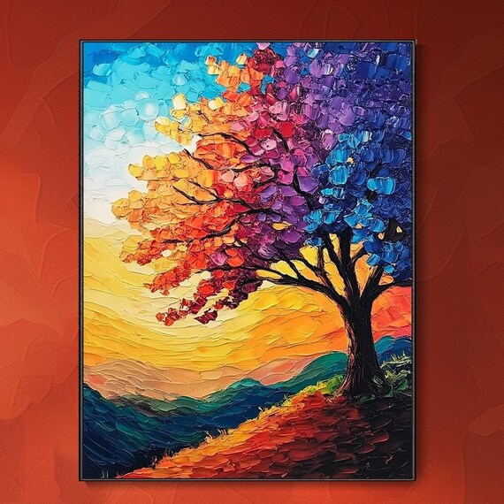 Colorful Sunset Oil Painting Original Tree Landscape Art Thick Texture Knife Painting Living Room Wall Decor Hand Painted Artwork