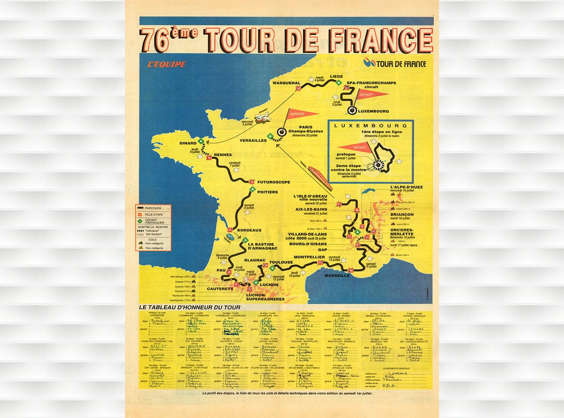 76eme Tour de France 1989 LEquipe Official Race Map Cycling Poster