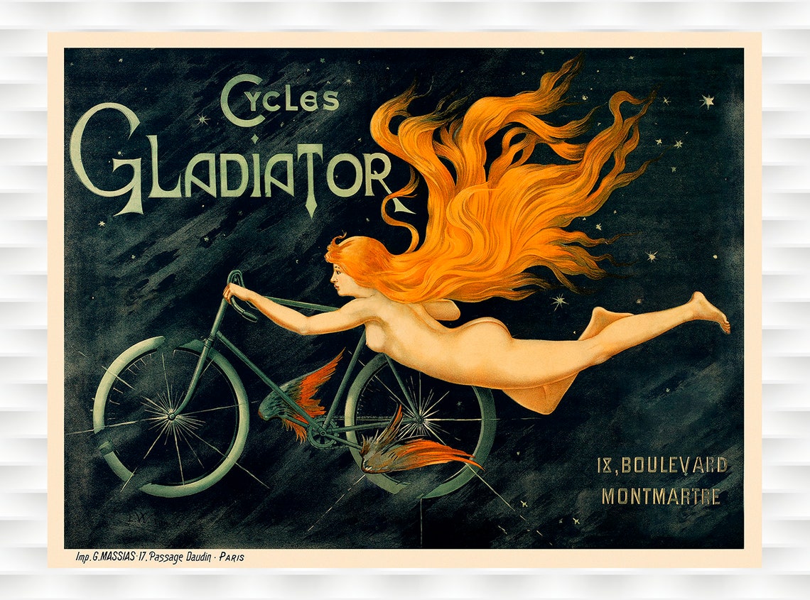 Cycles Gladiator Montmartre Paris Art Nouveau Night Ride Poster