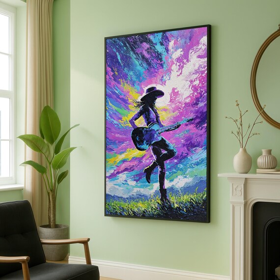 Vibrant Guitar Player Silhouette Colorful Cosmic Sky Music Poster