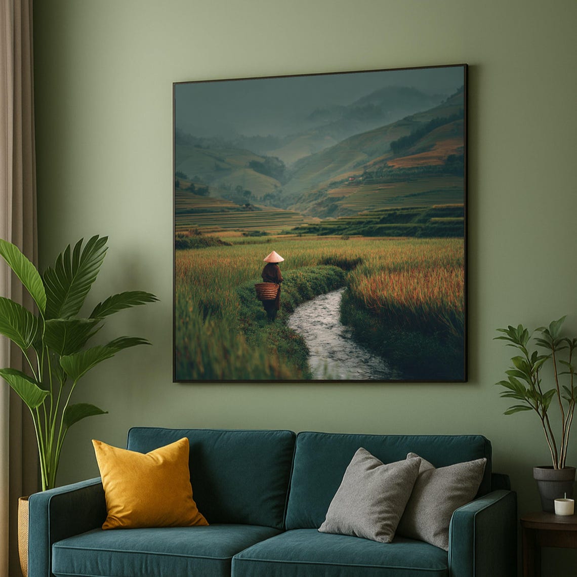 Farmer With Basket Walking Misty Rice Terraces Dawn Photo Print