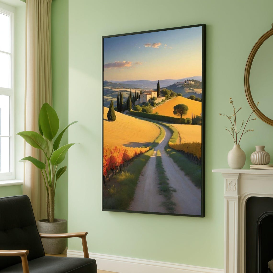 Golden Tuscan Countryside Sunset Road Vineyard Landscape Poster
