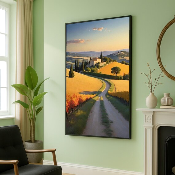 Golden Tuscan Countryside Sunset Road Vineyard Landscape Poster