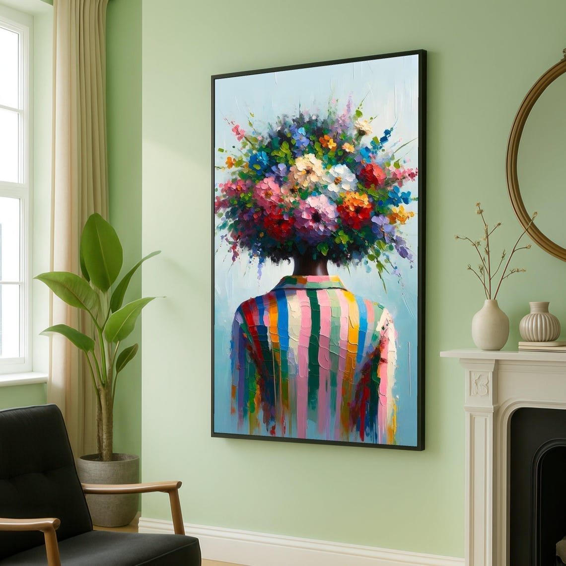 Woman With Floral Bouquet Head Rainbow Striped Jacket Modern Poster