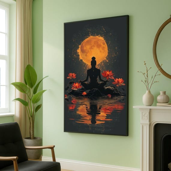 Meditative Yoga Silhouette With Full Moon And Flowers Spiritual Canvas Wall Art Zen Home Decor Tranquil Reflection Painting