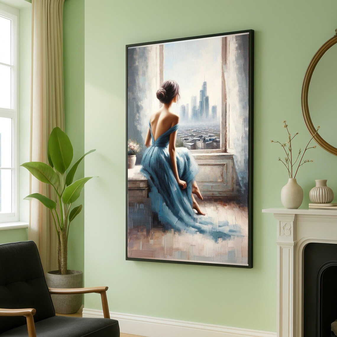 Woman In Blue Dress At Window City View Romantic Painting Poster