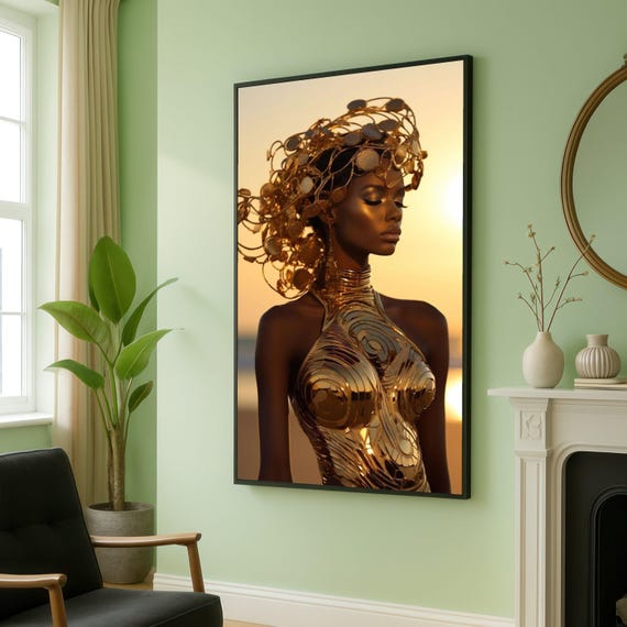 Golden Goddess Portrait Canvas African Wall Art Metallic Body Elegant Fashion Decor Modern Ethnic Print