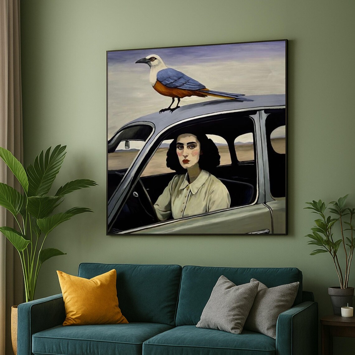Woman In Vintage Car With Bird On Roof Surreal Art Painting Poster