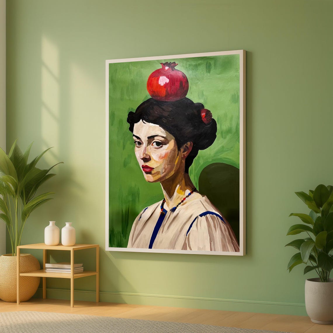 Surreal Woman with Pomegranate on Head Green Portrait Art Poster