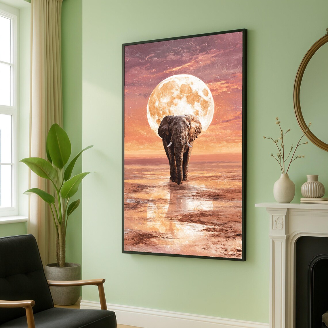 Elephant Before Full Moon Sunset Safari Wildlife Nature Poster