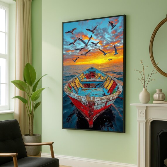 Rustic Colorful Wooden Boat at Vibrant Sunset With Seagulls Poster