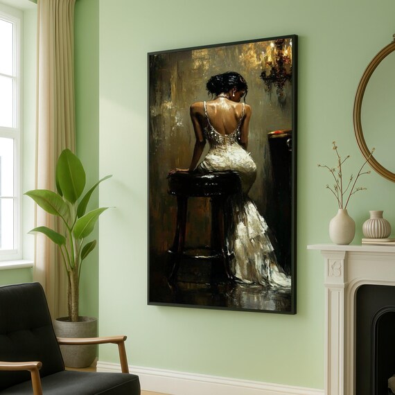 Elegant Woman Back View Canvas Evening Gown Wall Art Contemporary Figurative Painting Glamorous Female Portrait Modern Home Decoration