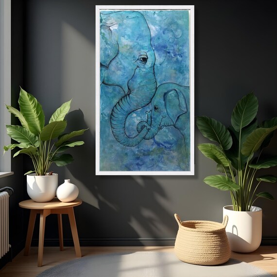 Tender Elephant Love Canvas Blue Animal Wall Art Mother And Baby Wildlife Nature Heartwarming Home Decoration
