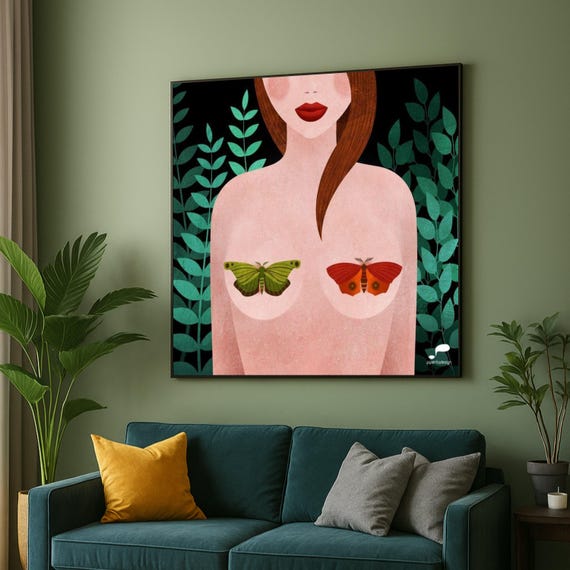 Modern Abstract Woman With Butterflies Canvas Feminine Artistic Wall Art Nature Home Decor Contemporary Print
