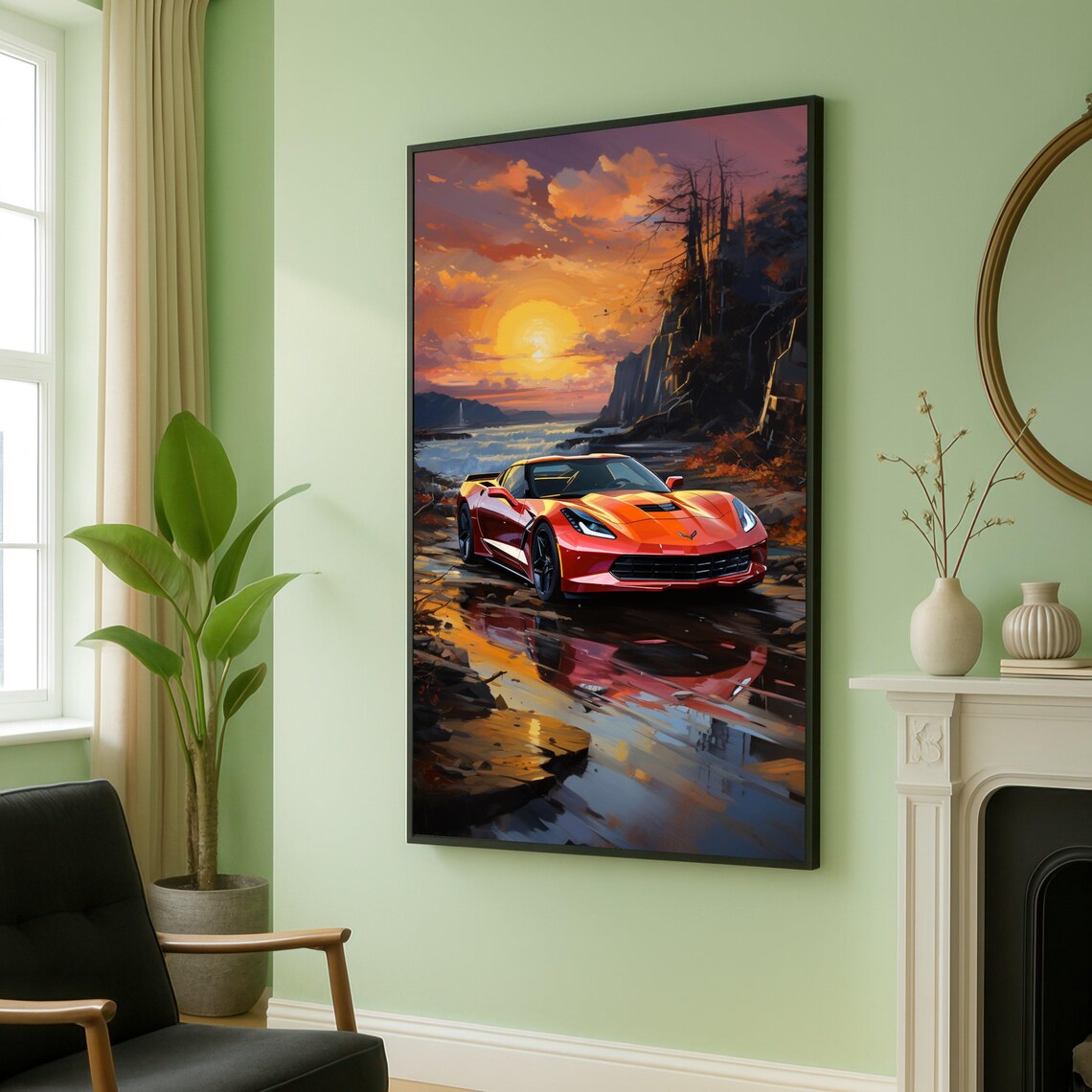 Glossy Red Sports Car at Sunset on a Coastal Cliff Drive Art Poster
