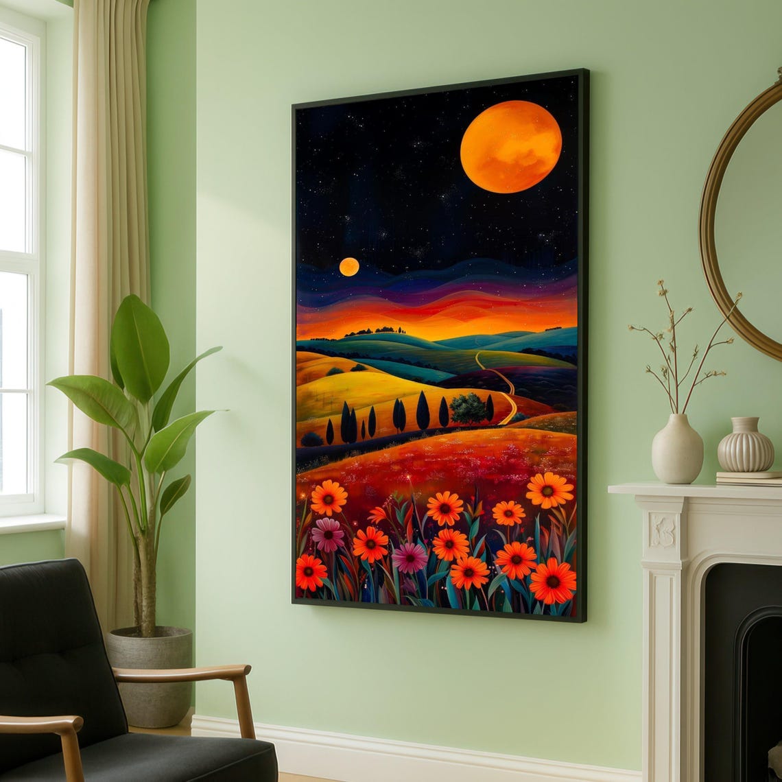 Twilight Landscape With Two Orange Moons And Wildflowers Poster