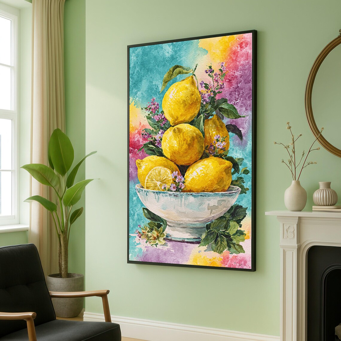 Fresh Lemons Bowl Watercolor Poster Colorful Citrus Still Life Kitchen