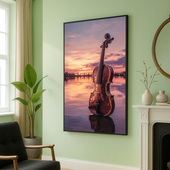 Violin Standing In Water At Sunset Musical Reflection Art Poster