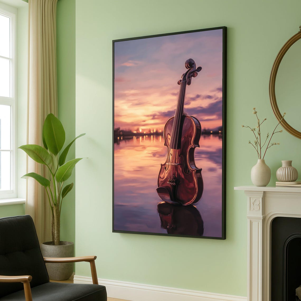 Violin Standing In Water At Sunset Musical Reflection Art Poster