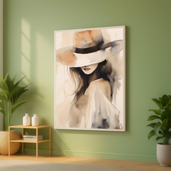 Elegant Woman With Wide Brim Hat Canvas Watercolor Portrait Wall Art Fashion Illustration Print Modern Home Decor Feminine