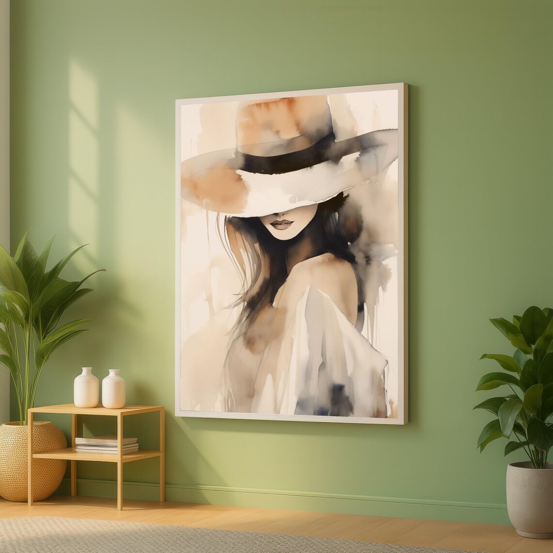 Elegant Woman In Wide Brim Hat Soft Watercolor Fashion Art Print