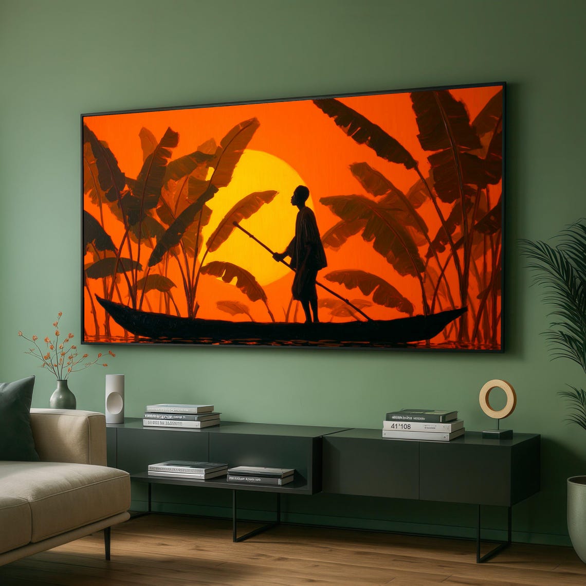 African Sunset Silhouette Man Rowing Canoe Tropical Art Poster