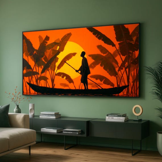 African Sunset Canoe Scene Canvas Silhouette Man Rowing Boat Wall Art Tropical Banana Leaves Decor Orange Yellow Nature Print