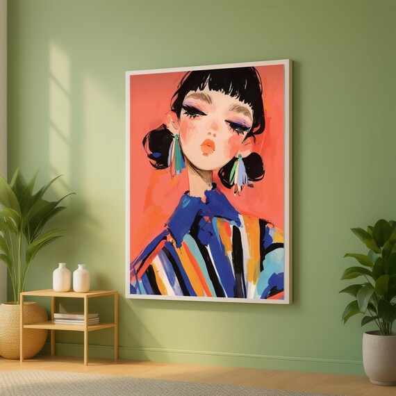 Modern Fashion Portrait Woman Coral Background Striped Top Art Print