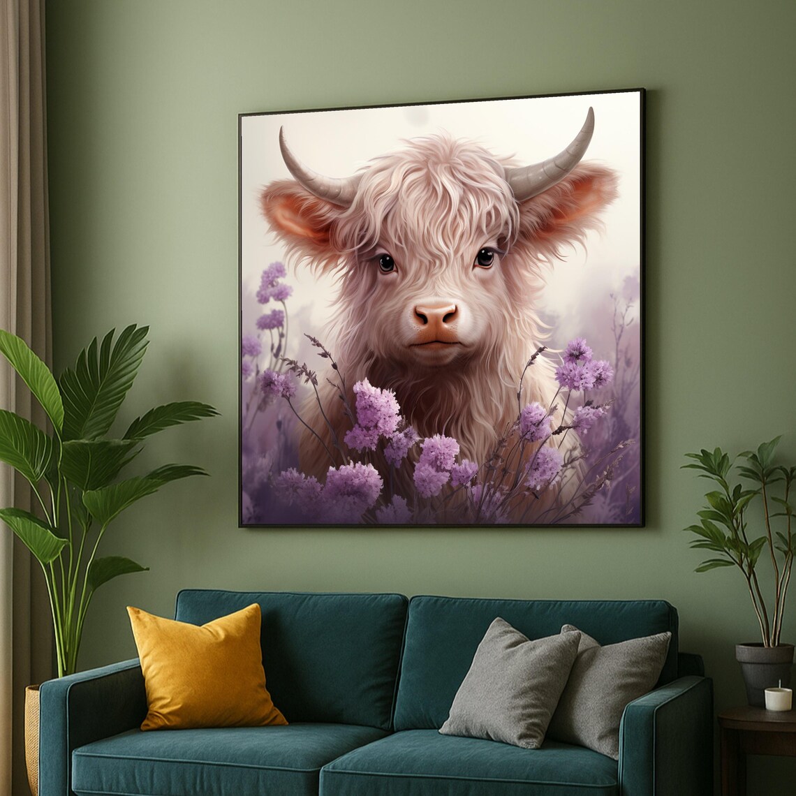 Highland Cow Calf Among Purple Flowers Pastel Farmhouse Art Poster