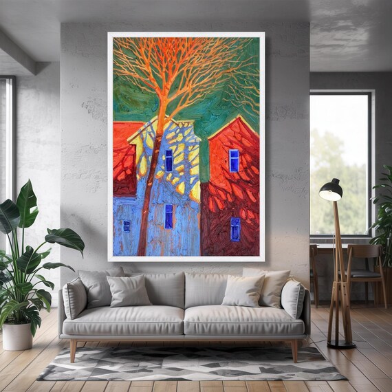 Colorful Village Houses Autumn Tree Expressionist Art Poster